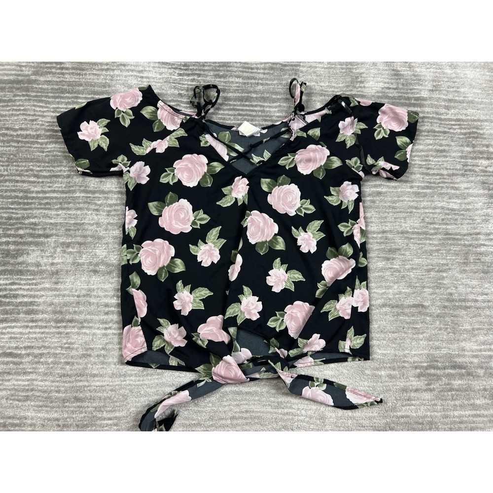 2 Haute Top Womens Medium Black Floral Short Sleeve Tied Front Polyester‎